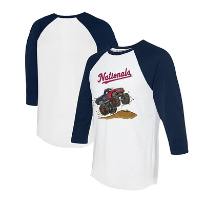 Unisex Tiny Turnip White/Navy Washington Nationals Monster Truck 3/4-Sleeve Raglan T-Shirt