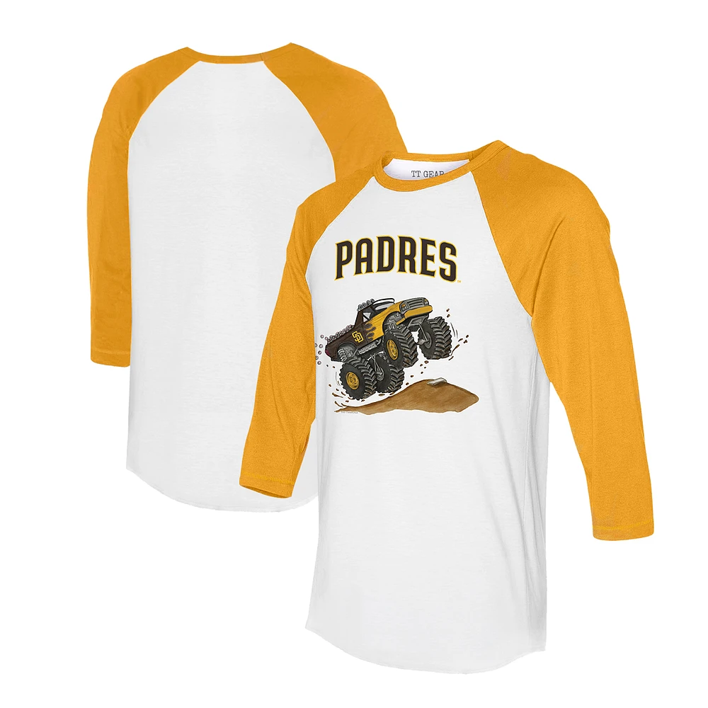Unisex Tiny Turnip White/Gold San Diego Padres Monster Truck 3/4-Sleeve Raglan T-Shirt