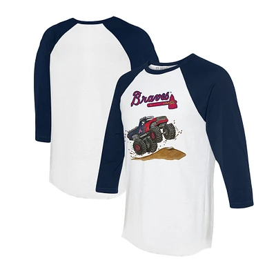 Unisex Tiny Turnip White/Navy Atlanta Braves Monster Truck 3/4-Sleeve Raglan T-Shirt
