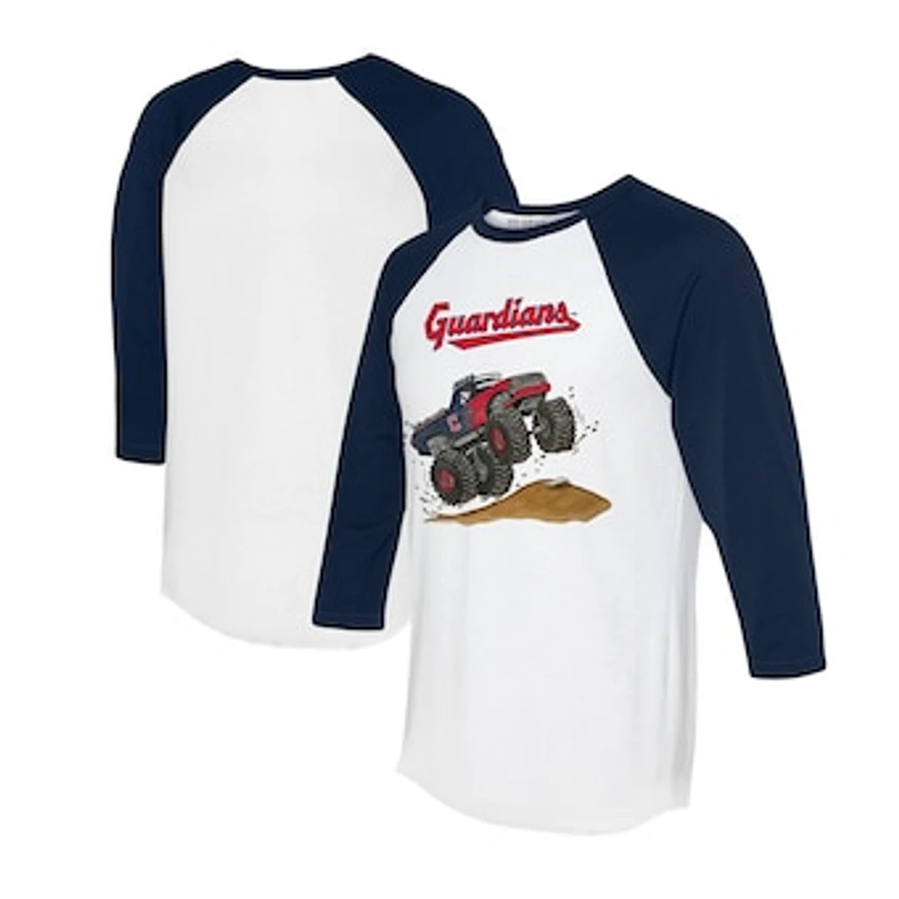 Unisex Tiny Turnip White/Navy Cleveland Guardians Monster Truck 3/4-Sleeve Raglan T-Shirt