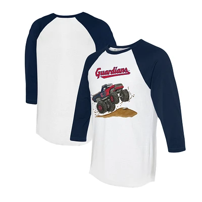 Unisex Tiny Turnip White/Navy Cleveland Guardians Monster Truck 3/4-Sleeve Raglan T-Shirt