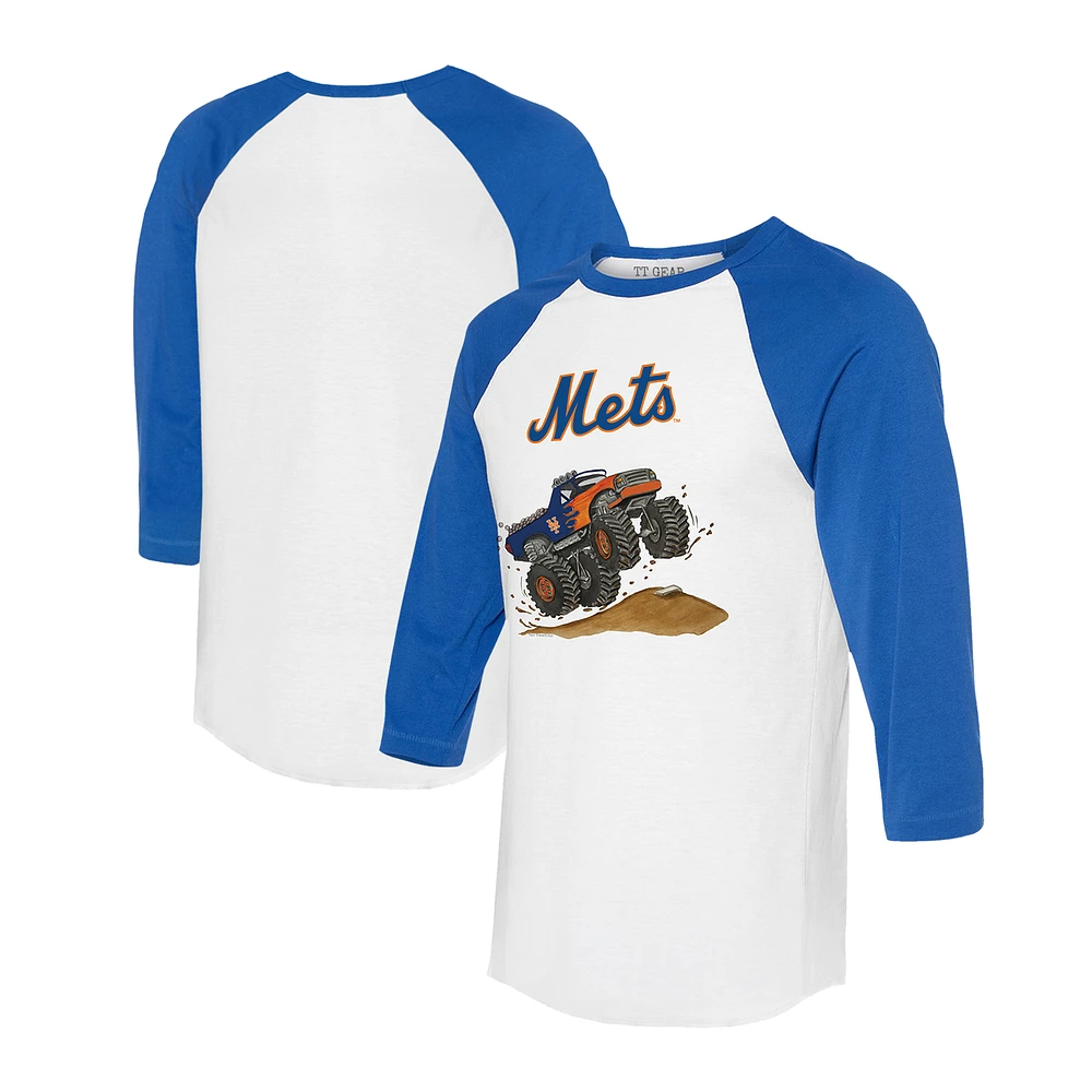 Unisex Tiny Turnip White/Royal New York Mets Monster Truck 3/4-Sleeve Raglan T-Shirt