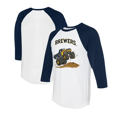 Unisex Tiny Turnip White/Navy Milwaukee Brewers Monster Truck 3/4-Sleeve Raglan T-Shirt