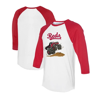 Unisex Tiny Turnip White/Red Cincinnati Reds Monster Truck 3/4-Sleeve Raglan T-Shirt
