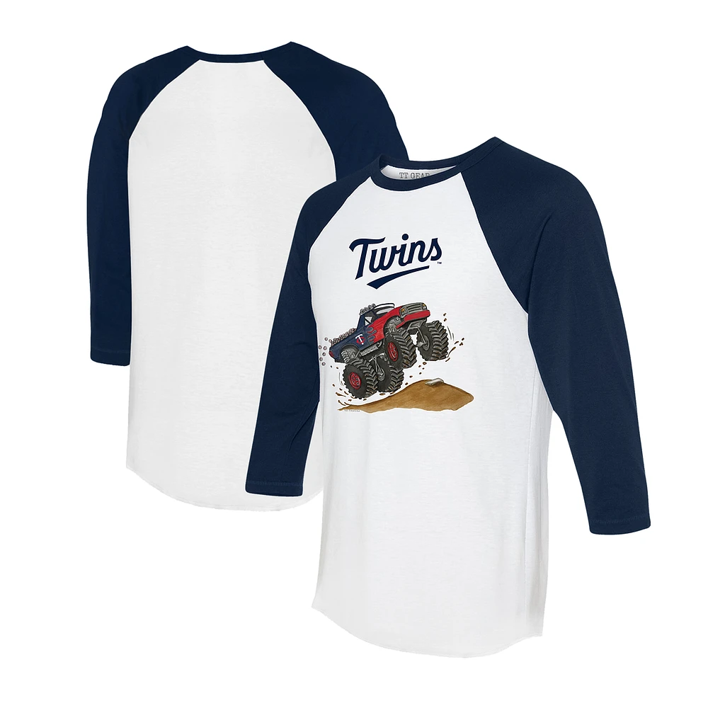 Unisex Tiny Turnip White/Navy Minnesota Twins Monster Truck 3/4-Sleeve Raglan T-Shirt