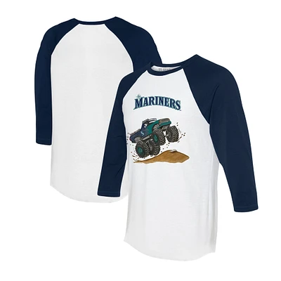 Unisex Tiny Turnip White/Navy Seattle Mariners Monster Truck 3/4-Sleeve Raglan T-Shirt