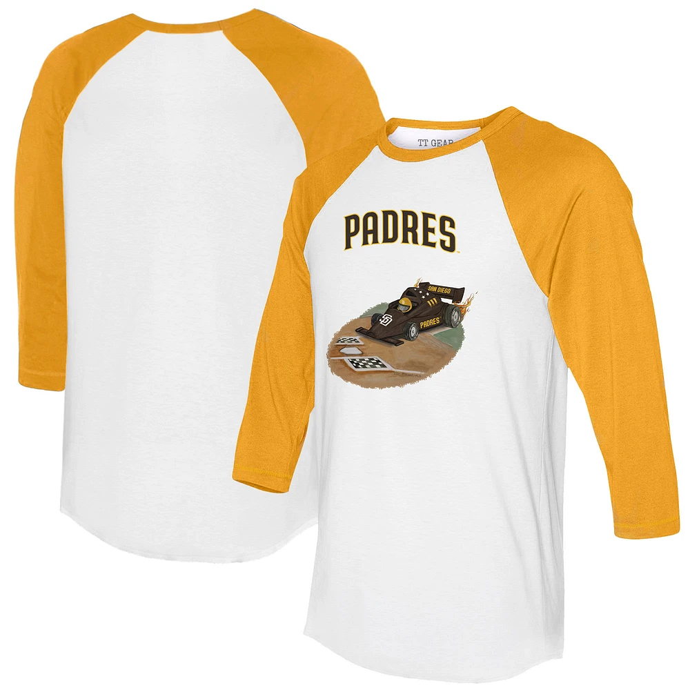 Unisex Tiny Turnip White/Gold San Diego Padres Race Car 3/4-Sleeve Raglan T-Shirt