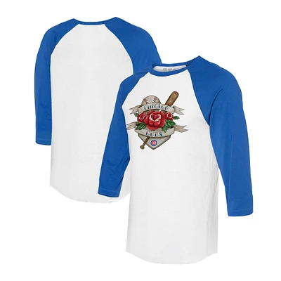 Unisex Tiny Turnip White/Royal Chicago Cubs Tattoo Rose 3/4-Sleeve Raglan T-Shirt