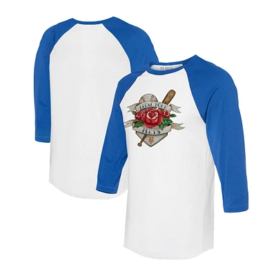 Unisex Tiny Turnip White/Royal New York Mets Tattoo Rose 3/4-Sleeve Raglan T-Shirt