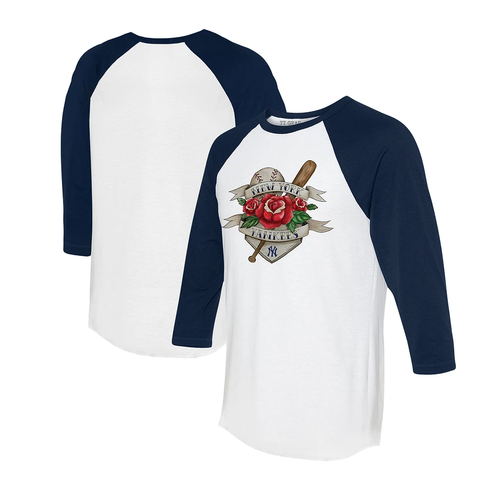 Unisex Tiny Turnip White/Navy New York Yankees Tattoo Rose 3/4-Sleeve Raglan T-Shirt