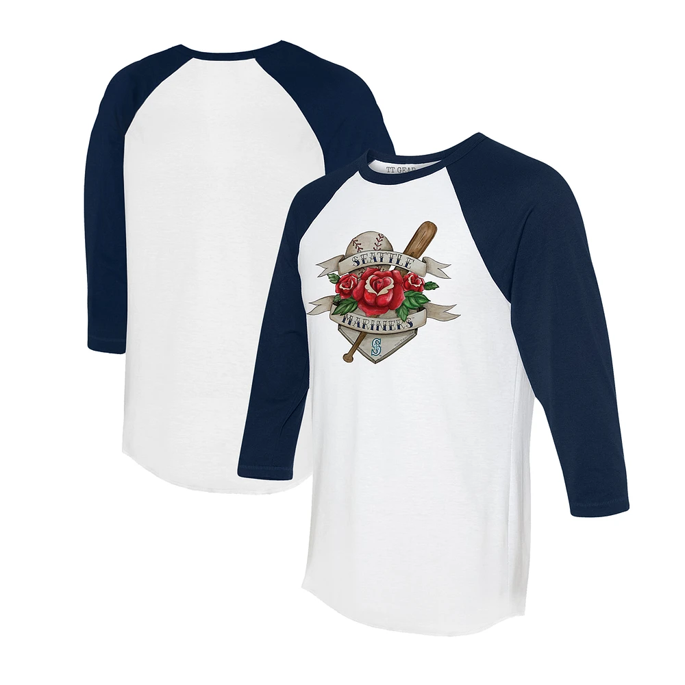 Unisex Tiny Turnip White/Navy Seattle Mariners Tattoo Rose 3/4-Sleeve Raglan T-Shirt