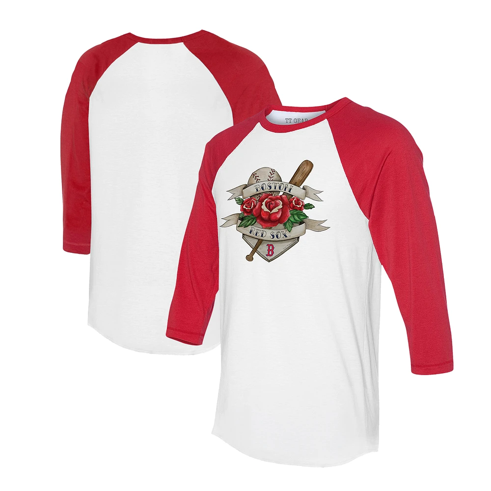 Unisex Tiny Turnip White/Red Boston Red Sox Tattoo Rose 3/4-Sleeve Raglan T-Shirt