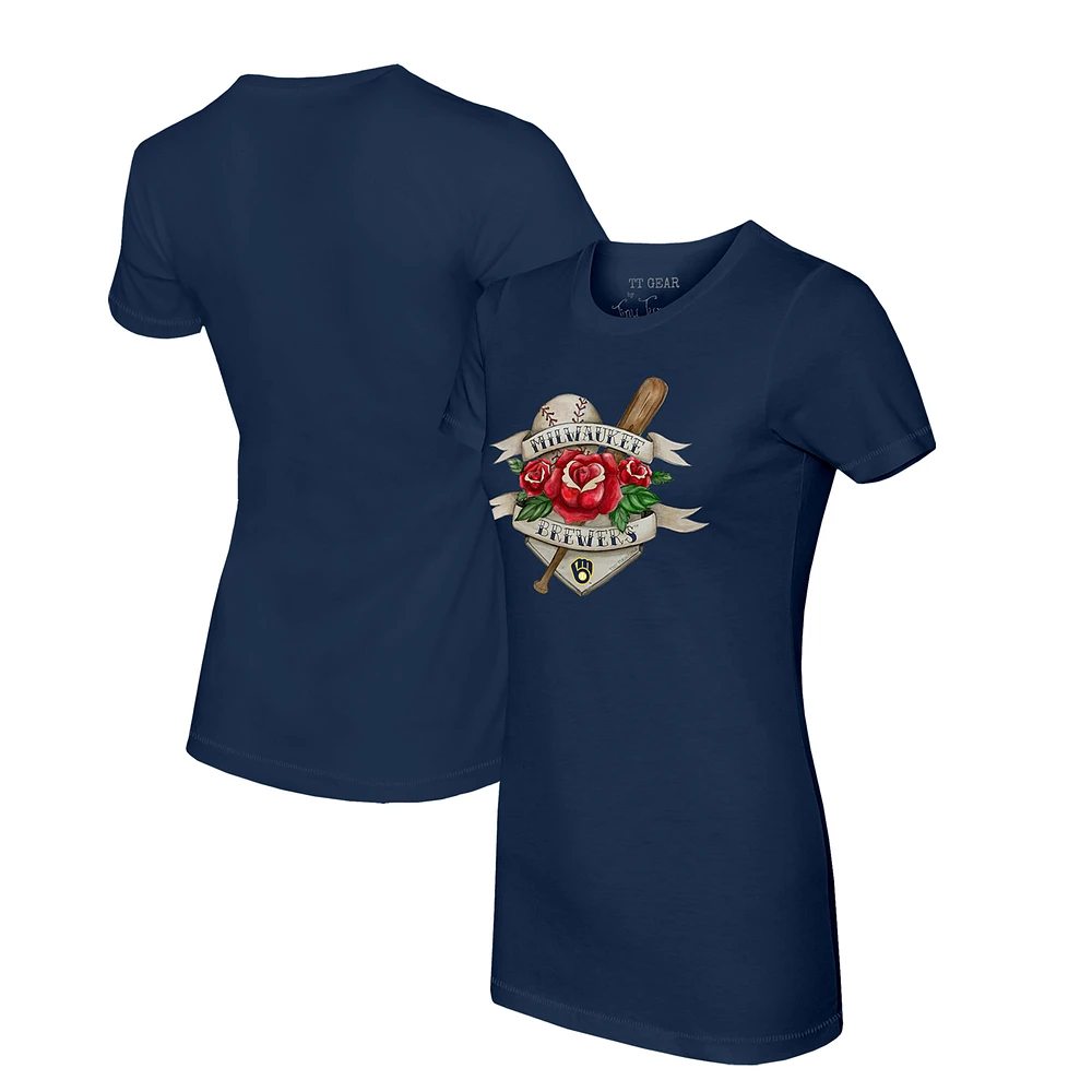 Women's Tiny Turnip Navy Milwaukee Brewers Tattoo Rose T-Shirt