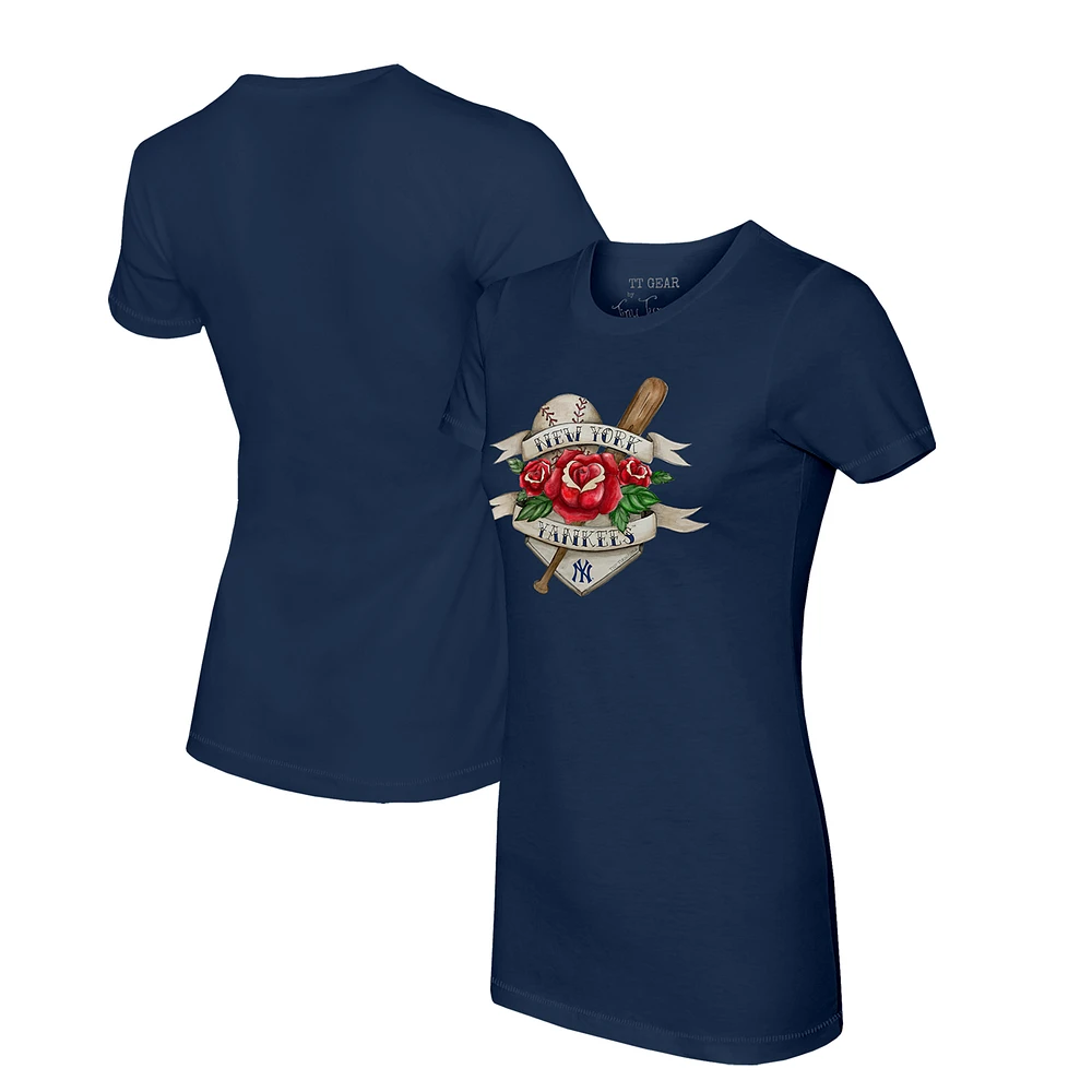 Women's Tiny Turnip Navy New York Yankees Tattoo Rose T-Shirt