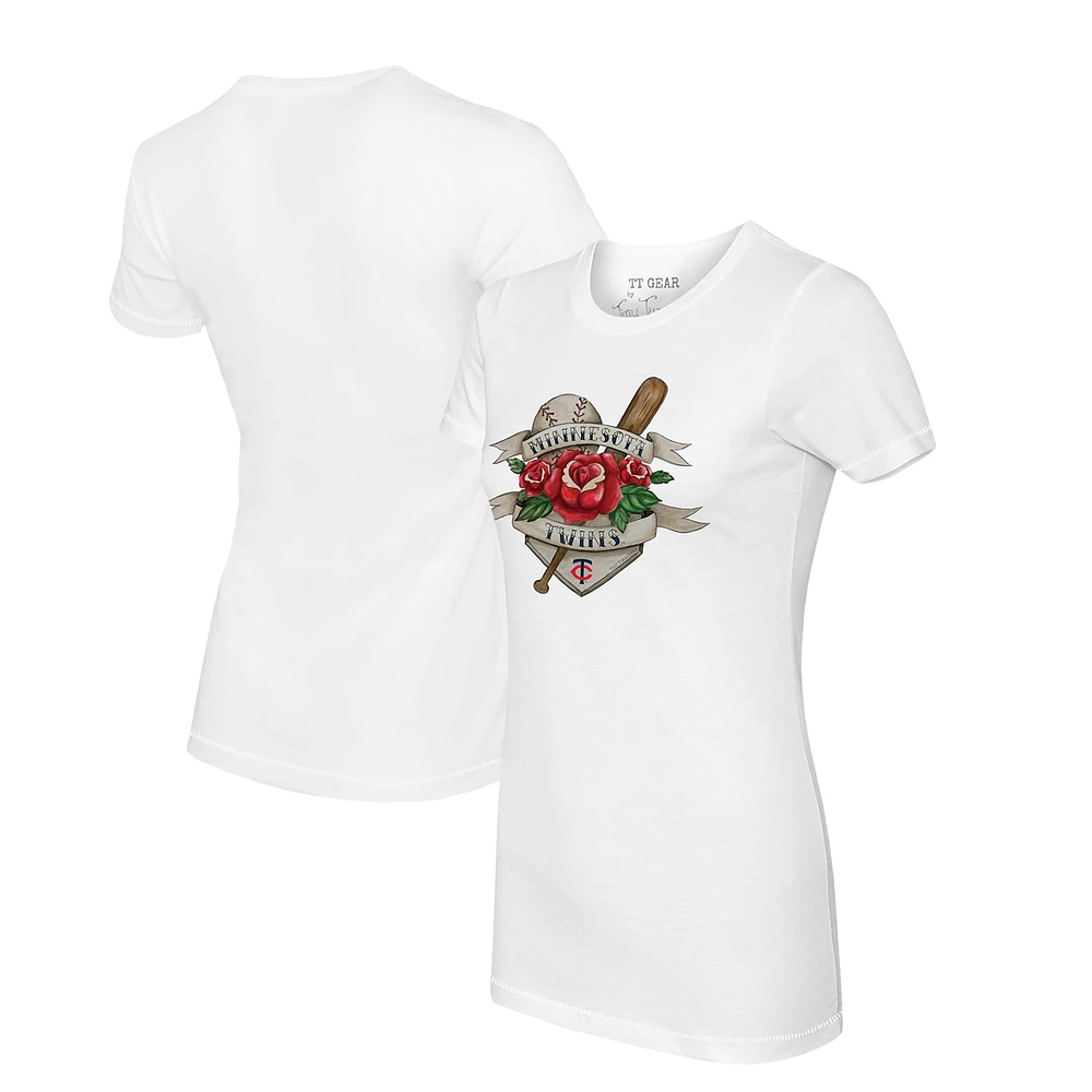 Women's Tiny Turnip White Minnesota Twins Tattoo Rose T-Shirt