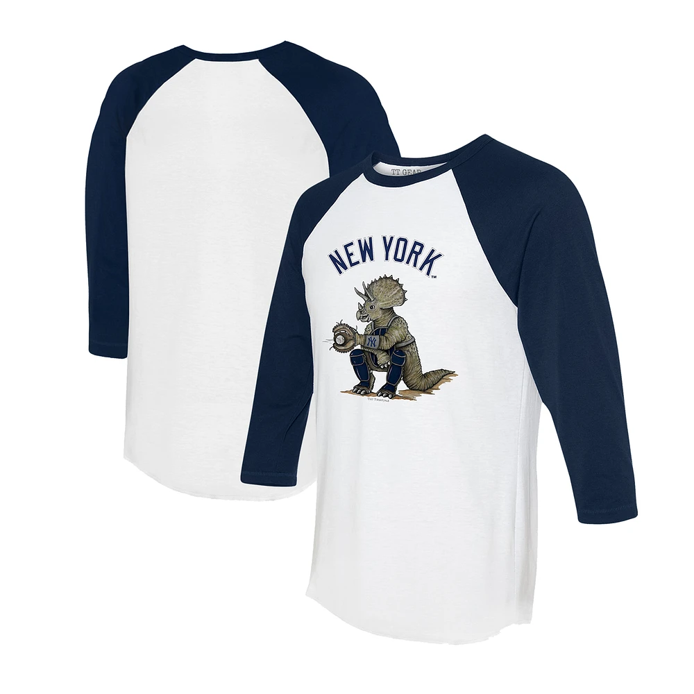 Unisex Tiny Turnip White/Navy New York Yankees Triceratops 3/4-Sleeve Raglan T-Shirt