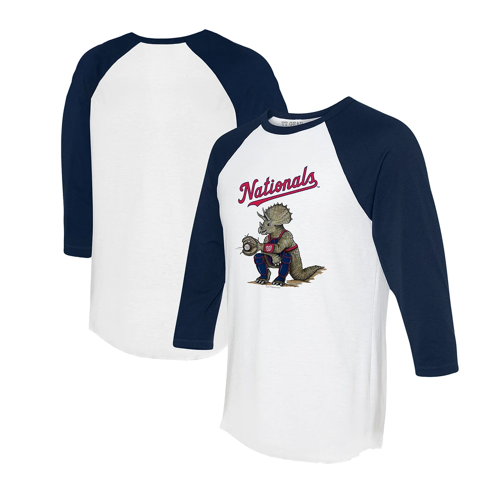 Unisex Tiny Turnip White/Navy Washington Nationals Triceratops 3/4-Sleeve Raglan T-Shirt