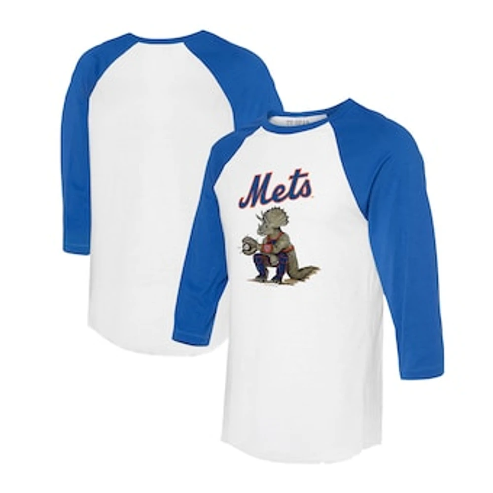 Unisex Tiny Turnip White/Royal New York Mets Triceratops 3/4-Sleeve Raglan T-Shirt