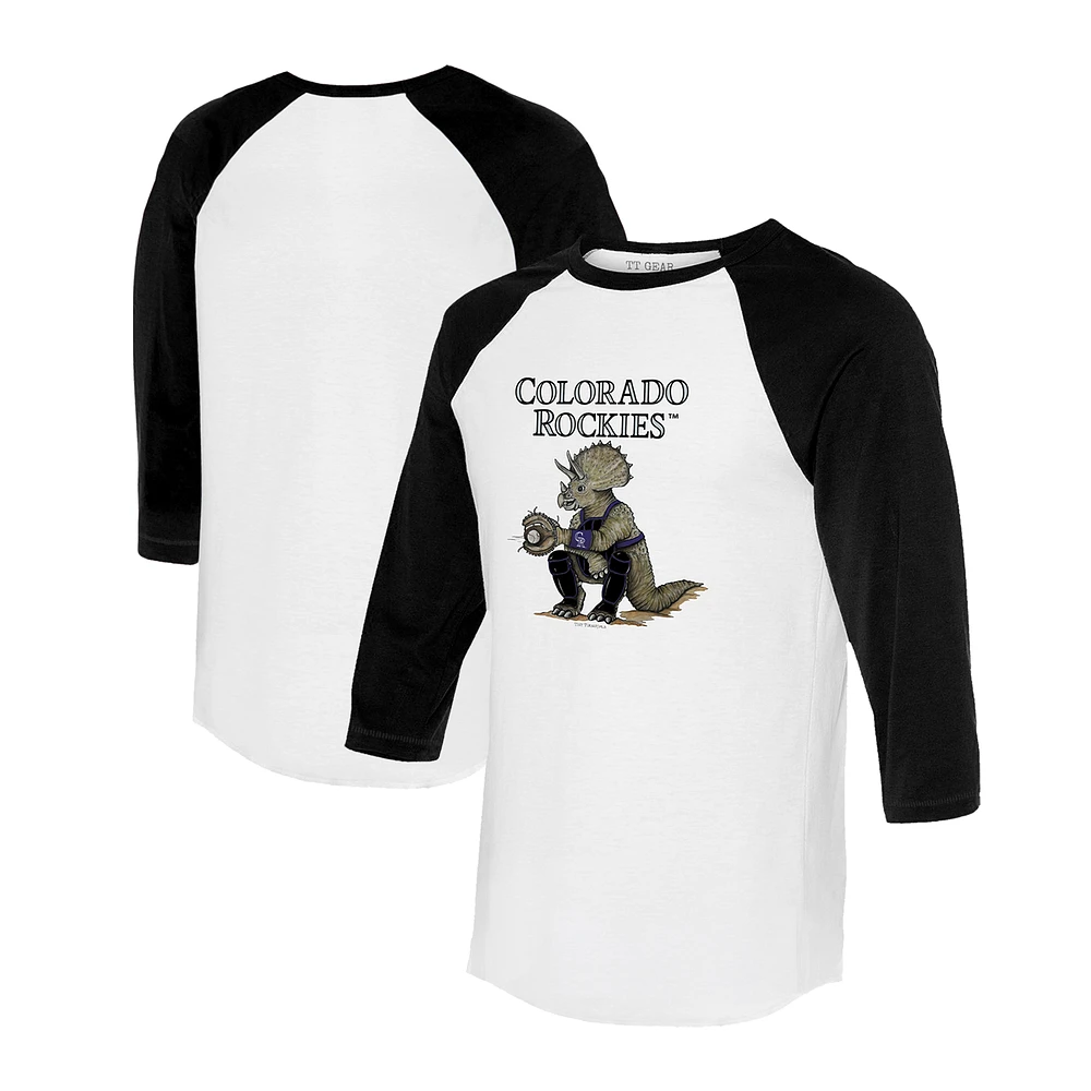 Unisex Tiny Turnip White/Black Colorado Rockies Triceratops 3/4-Sleeve Raglan T-Shirt