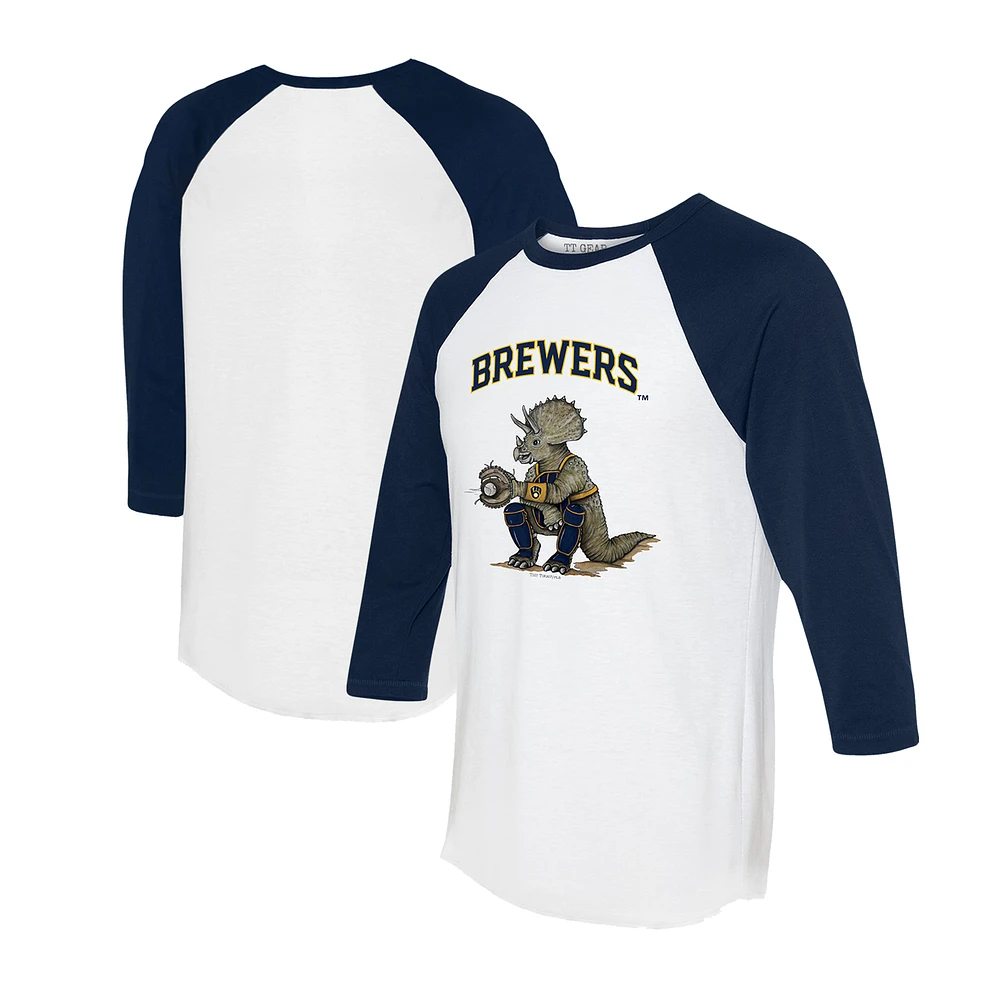 Unisex Tiny Turnip White/Navy Milwaukee Brewers Triceratops 3/4-Sleeve Raglan T-Shirt