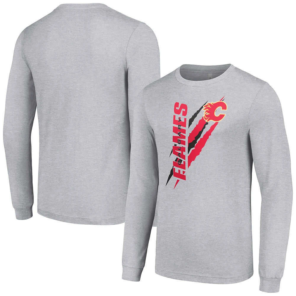 Men's Starter Heather Gray Calgary Flames Color Scratch Long-Sleeve T-Shirt