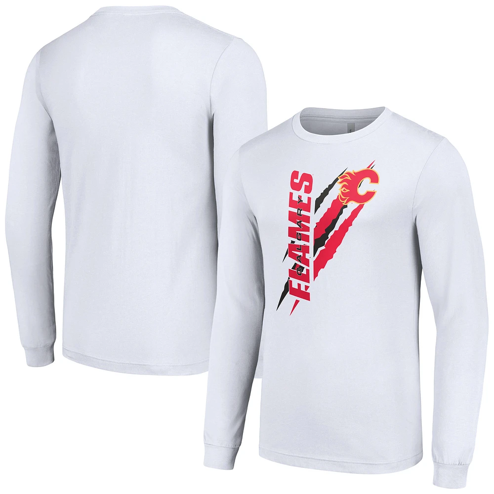 Men's Starter White Calgary Flames Color Scratch Long-Sleeve T-Shirt