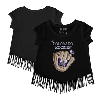 Girls Youth Tiny Turnip Black Colorado Rockies Butterfly Glove Fringe T-Shirt
