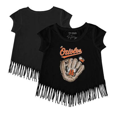 Girls Youth Tiny Turnip Black Baltimore Orioles Butterfly Glove Fringe T-Shirt