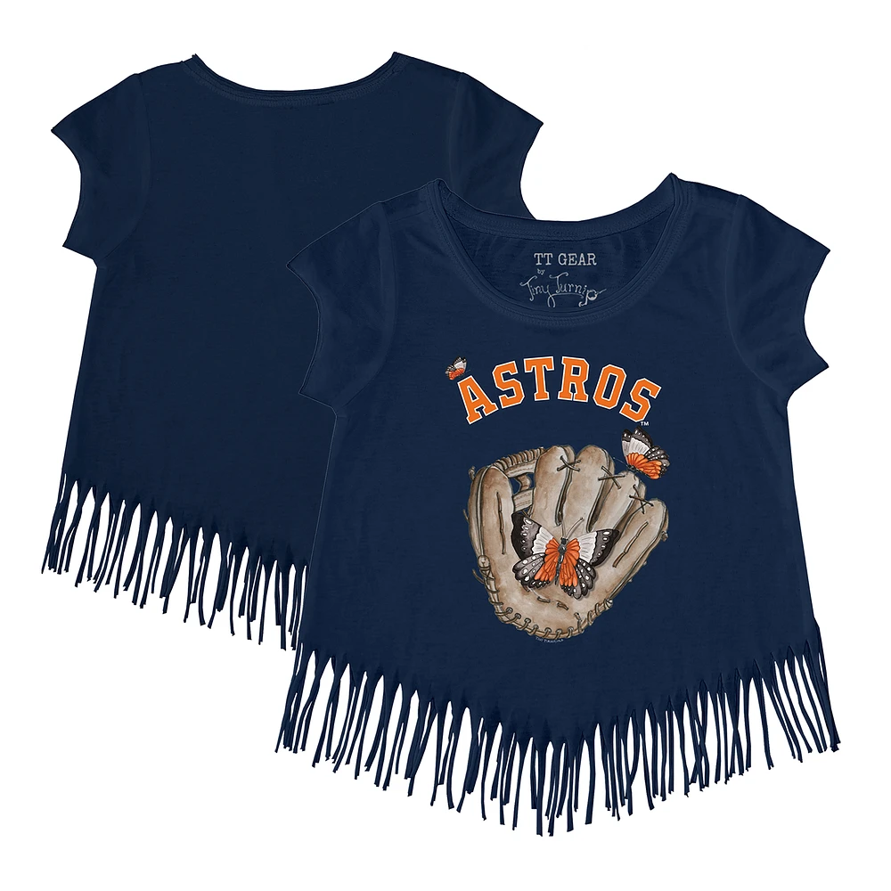 Girls Youth Tiny Turnip Navy Houston Astros Butterfly Glove Fringe T-Shirt