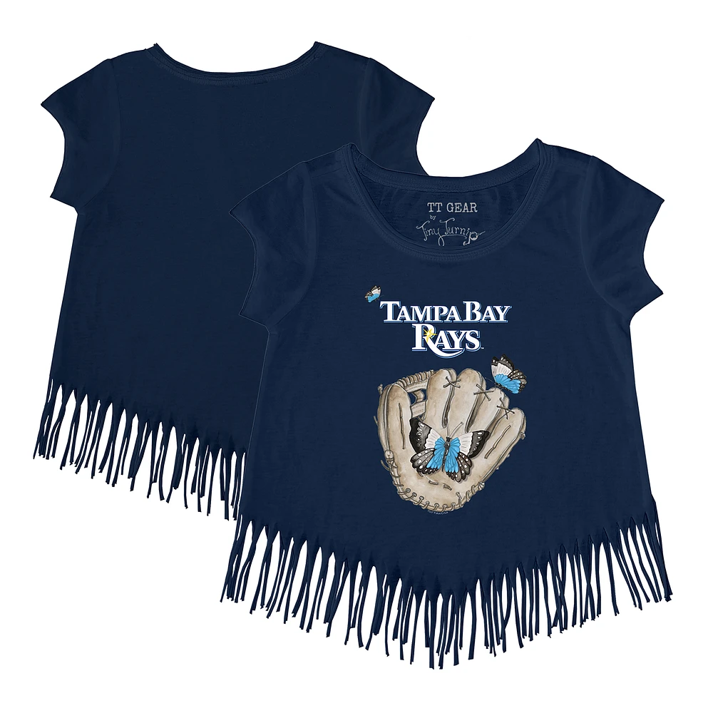 Girls Youth Tiny Turnip Navy Tampa Bay Rays Butterfly Glove Fringe T-Shirt