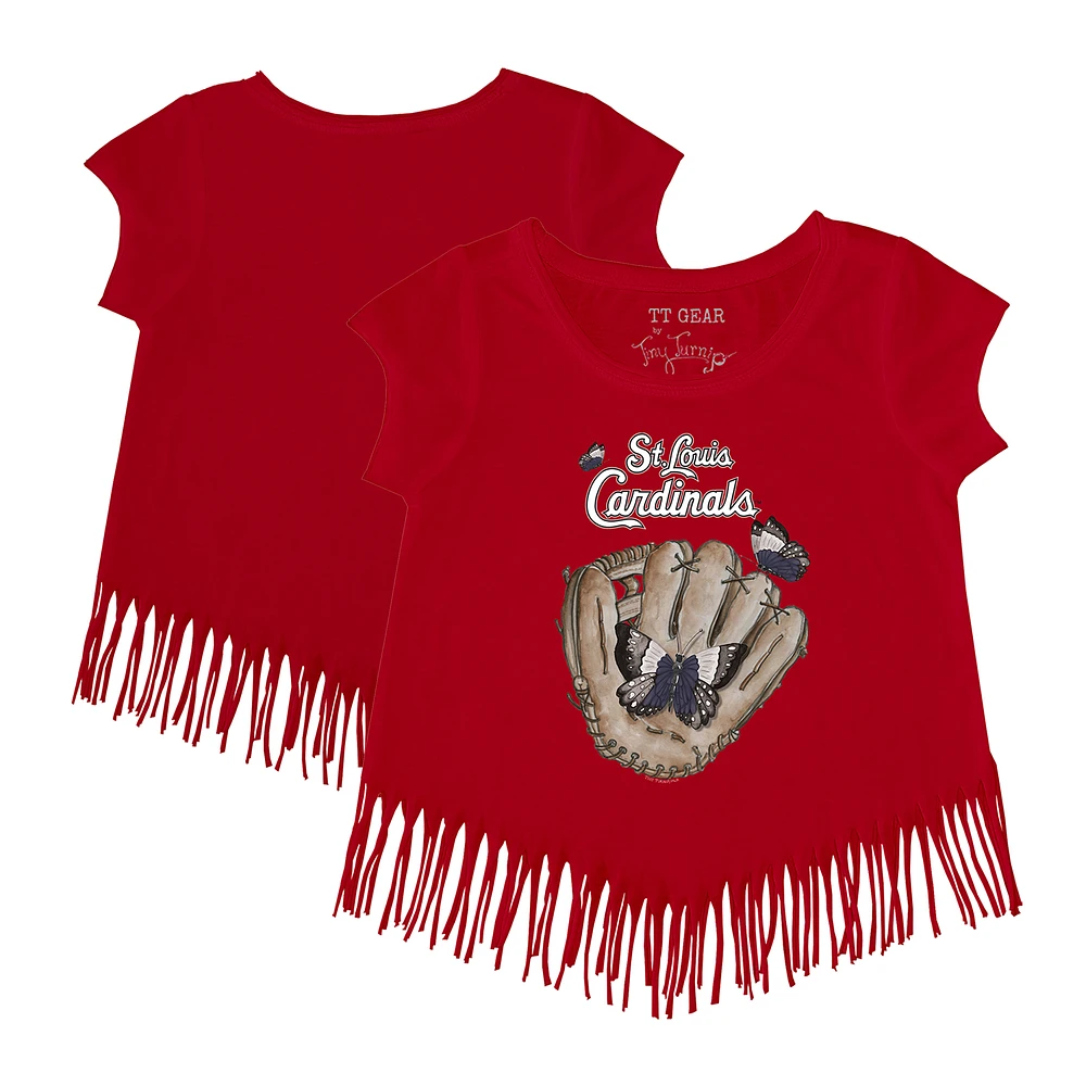 Girls Youth Tiny Turnip Red St. Louis Cardinals Butterfly Glove Fringe T-Shirt