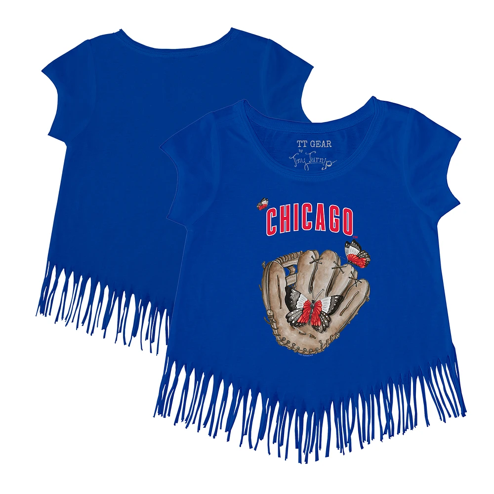 Girls Youth Tiny Turnip Royal Chicago Cubs Butterfly Glove Fringe T-Shirt