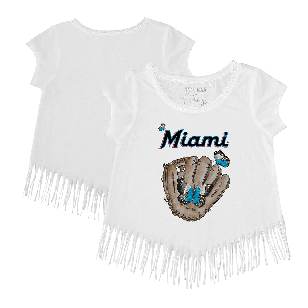 Girls Youth Tiny Turnip White Miami Marlins Butterfly Glove Fringe T-Shirt