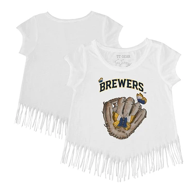 Girls Youth Tiny Turnip White Milwaukee Brewers Butterfly Glove Fringe T-Shirt