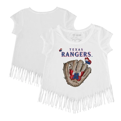 Girls Youth Tiny Turnip White Texas Rangers Butterfly Glove Fringe T-Shirt