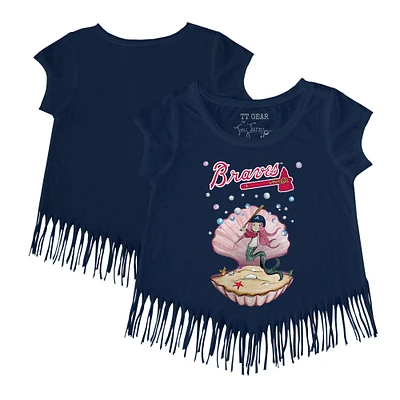 Girls Youth Tiny Turnip Navy Atlanta Braves Mermaid Fringe T-Shirt