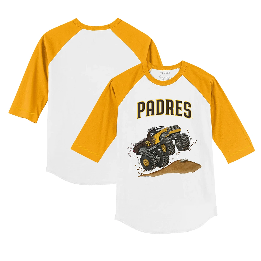 Youth Tiny Turnip White/Gold San Diego Padres Monster Truck 3/4-Sleeve Raglan T-Shirt