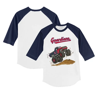 Youth Tiny Turnip White/Navy Cleveland Guardians Monster Truck 3/4-Sleeve Raglan T-Shirt