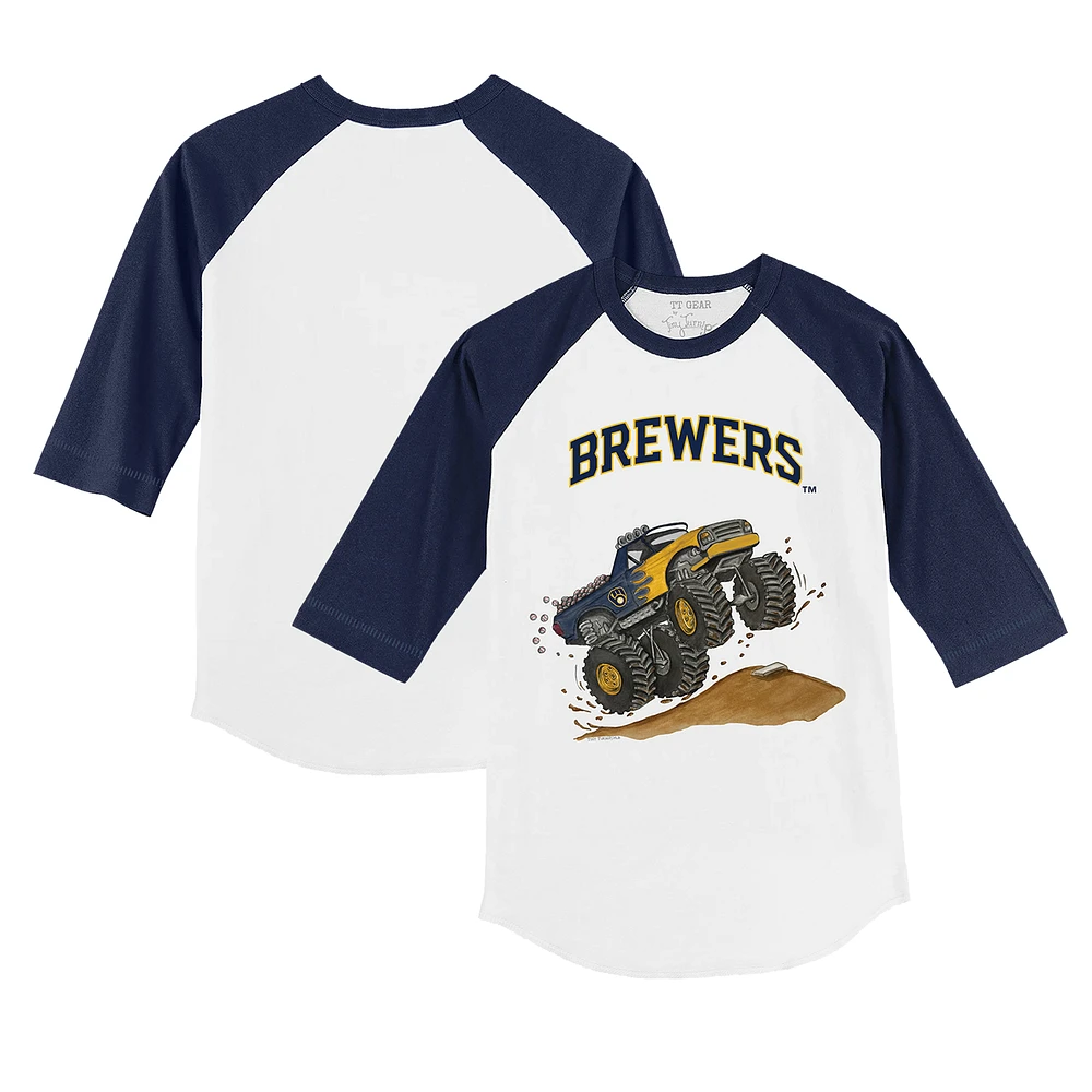 Youth Tiny Turnip White/Navy Milwaukee Brewers Monster Truck 3/4-Sleeve Raglan T-Shirt