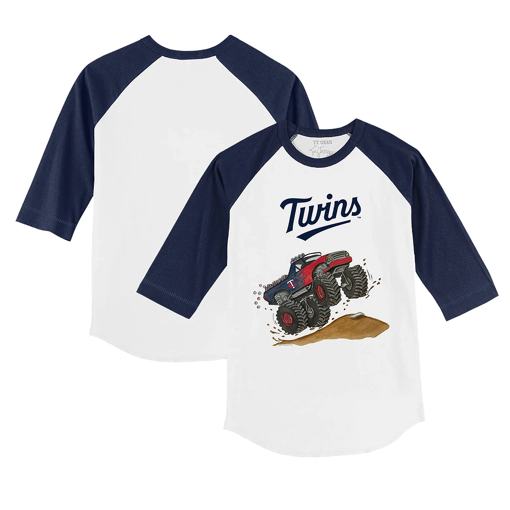 Youth Tiny Turnip White/Navy Minnesota Twins Monster Truck 3/4-Sleeve Raglan T-Shirt