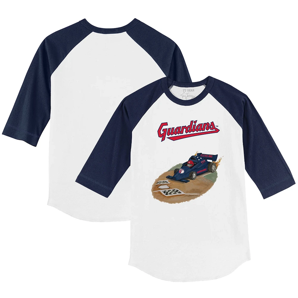 Youth Tiny Turnip White/Navy Cleveland Guardians Race Car 3/4-Sleeve Raglan T-Shirt