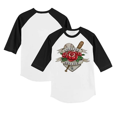 Youth Tiny Turnip White/Black Colorado Rockies Tattoo Rose 3/4-Sleeve Raglan T-Shirt