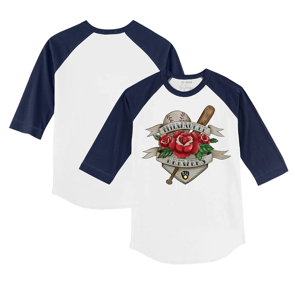 Youth Tiny Turnip White/Navy Milwaukee Brewers Tattoo Rose 3/4-Sleeve Raglan T-Shirt