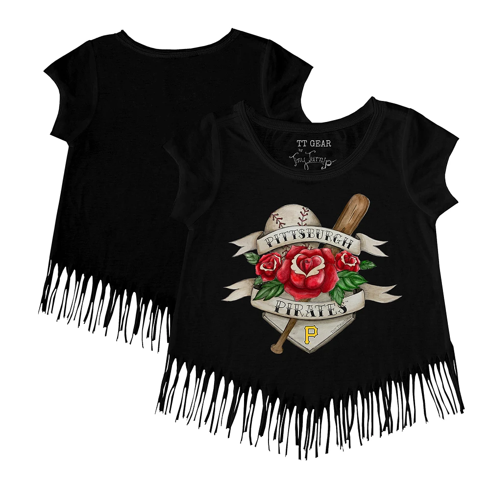 Girls Youth Tiny Turnip Black Pittsburgh Pirates Tattoo Rose Fringe T-Shirt