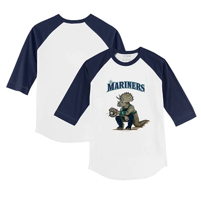 Youth Tiny Turnip White/Navy Seattle Mariners Triceratops 3/4-Sleeve Raglan T-Shirt