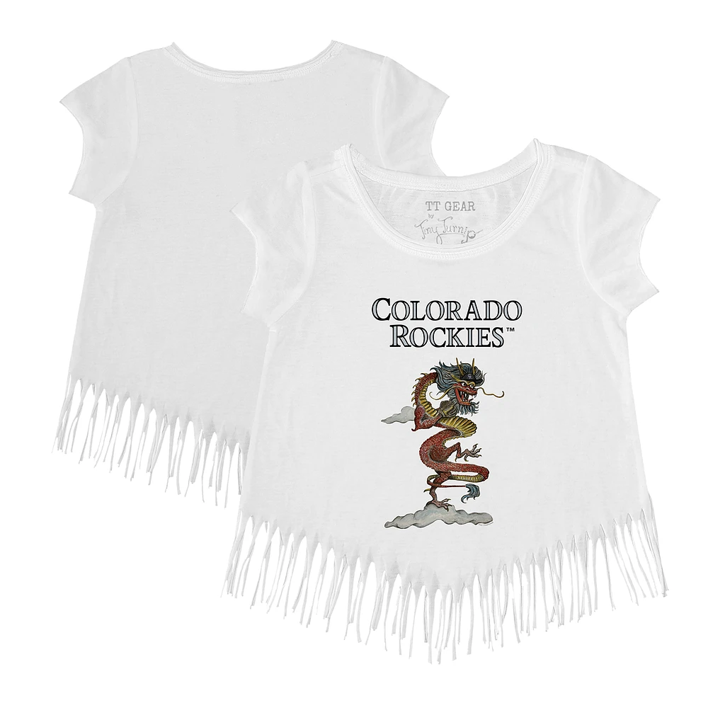 Girls Youth Tiny Turnip White Colorado Rockies 2024 Year of the Dragon Fringe T-Shirt