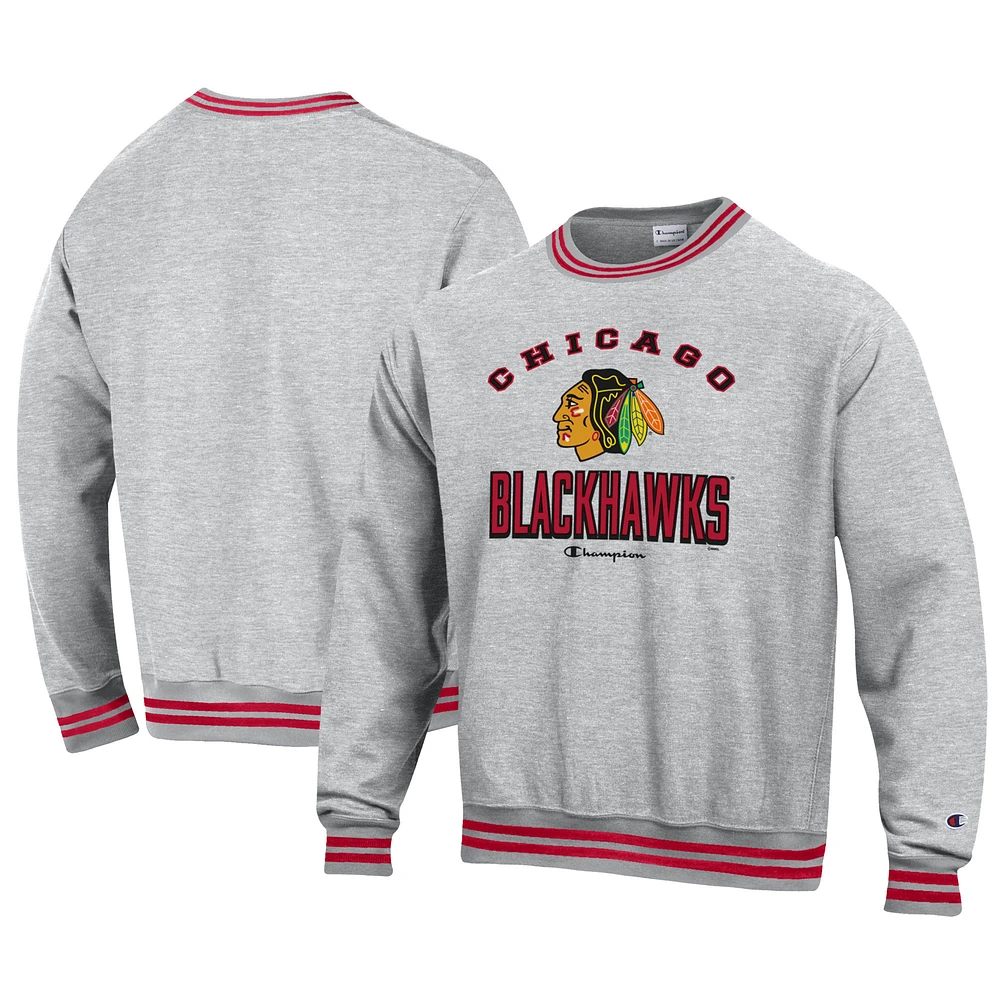 Men's Champion Heather Gray Chicago Blackhawks Reverse Weave Yarn Dye Pullover Sweatshirt