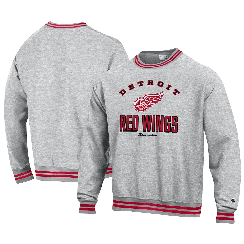 Men's Champion Heather Gray Detroit Red Wings Reverse Weave Yarn Dye Pullover Sweatshirt