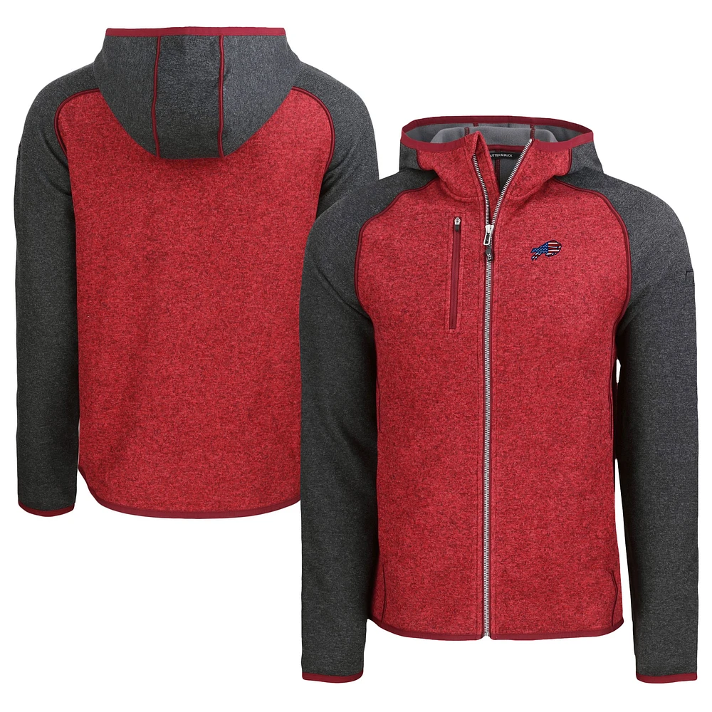 Men's Cutter & Buck Heather Red/Heather Charcoal Buffalo Bills Americana Mainsail Full-Zip Hooded Jacket