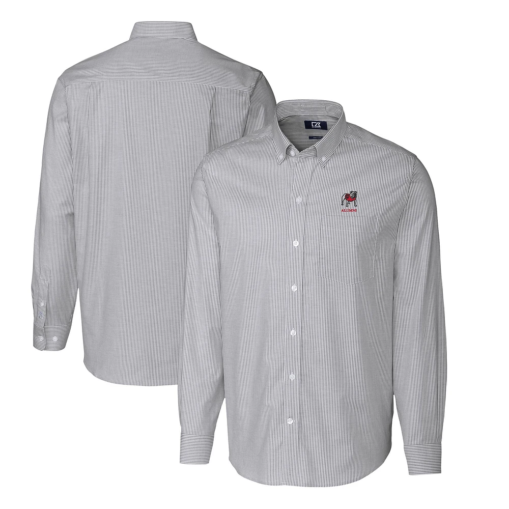 Men's Cutter & Buck Charcoal Georgia Bulldogs Alumni Logo Striped Stretch Oxford Long Sleeve Dress Shirt